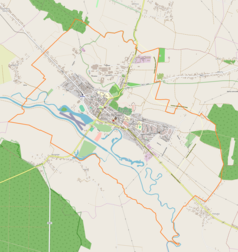 Mapa konturowa Pińczowa, blisko centrum u góry znajduje się punkt z opisem „Pałac Wielopolskich w Pińczowie”