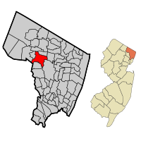 Location of Ridgewood in Bergen County highlighted in red (left). Inset map: Location of Bergen County in New Jersey highlighted in orange (right). Interactive map of Ridgewood, New Jersey