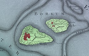 Ausschnitt aus der Karte von Karl Ludwig von Le Coq im Jahr 1805: Die beiden früheren Teile der heutigen Insel Borkum; nordöstlich davon die Brouwers Plaat