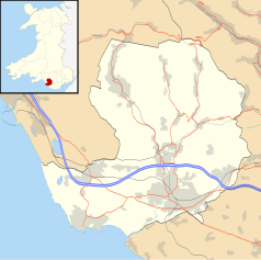 Mapa konturowa Bridgend, na dole nieco na prawo znajduje się punkt z opisem „Bridgend”