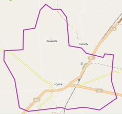 Mapa konturowa Kcyni, blisko centrum po prawej na dole znajduje się punkt z opisem „Kcynia”