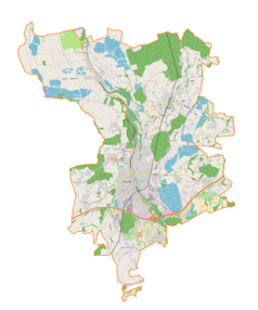 Mapa konturowa gminy Skoczów, w centrum znajduje się punkt z opisem „Parafia Ewangelicko-Augsburska w Skoczowie”