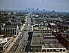 Looking south down Woodward Avenue from the Maccabees Building with the Detroit skyline in the distance in July 1942