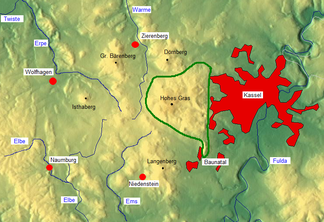 Lage des Hohen Habichtswaldes im Habichtswälder Bergland