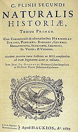 Naturalis Historia, 1669 edition, title page. The title at the top reads: "Volume I of the Natural History of Gaius Plinius Secundus".