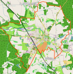 Mapa konturowa Wołowa, w centrum znajduje się punkt z opisem „Wołów”