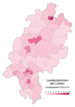 Die Linke ﻿Höchstwert: 9,3 % (Kassel-Stadt II) ﻿Tiefstwert: 1,3 % (Fulda II)