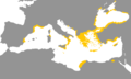 Gelbfarben: Griechischsprachige Gebiete oder Regionen mit einer großen Zahl griechisch-sprechender Personen im gesamten mediterranen Raum.