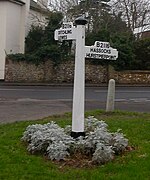 A finger post at Keymer in West Sussex (formerly East Sussex), showing the B-road number and significant destinations on it