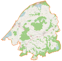 Mapa konturowa powiatu sławieńskiego, na dole znajduje się punkt z opisem „Sulechowo”