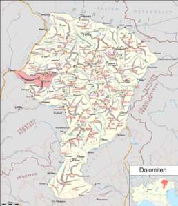 Rosengartengruppe in Rot auf der Karte der Dolomiten