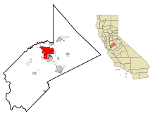 Lage von Modesta im Stanislaus County (links) und in Kalifornien (rechts)