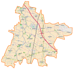 Mapa konturowa gminy Żórawina, u góry nieco na lewo znajduje się punkt z opisem „Rzeplin”