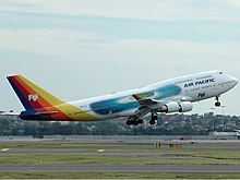 a Boeing 747-400 owned by Air Pacific taking off from Sydney Kingsford Smith International Airport