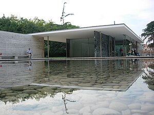 Barcelona Pavilion, with hovering overhang, 1929, by Mies van der Rohe, Modernist Bauhaus architecture.