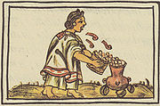 An Aztec woman blowing on maize before putting in the cooking pot, so that it will not fear the fire. Florentine Codex, late 16th century.