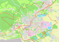 Mapa konturowa Chomutova, blisko centrum na dole znajduje się punkt z opisem „Chomutov”