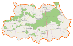 Mapa konturowa gminy Krzykosy, blisko centrum na lewo znajduje się punkt z opisem „Sulęcinek”