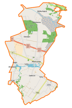 Mapa konturowa gminy Markuszów, na dole nieco na lewo znajduje się punkt z opisem „Zabłocie”