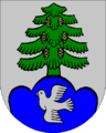 Gemeinde Rimbach In Silber aus blauem Dreiberg, darin eine fliegende silberne Taube, wachsend ein grüner Tannenbaum mit goldenen Zapfen.