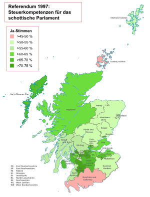 Ergebnisse des Referendums nach Unitary Authorities (Frage nach Steuerkompetenzen für ein schottisches Parlament, Prozent „Ja“-Stimmen): ﻿>45–50 % ﻿>50–55 % ﻿>55–60 % ﻿>60–65 % ﻿>65–70 % ﻿>70–75 %