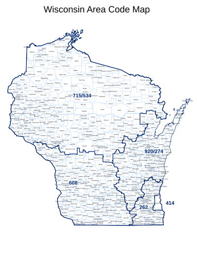 Map of Wisconsin showing area codes