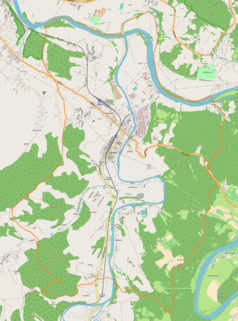 Mapa konturowa Zagórza, blisko centrum na dole znajduje się punkt z opisem „Klasztor Karmelitów bosych w Zagórzu”