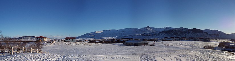 Panorama of Hvanneyri i Borgarfjörður, Iceland.