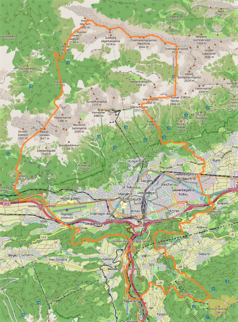 Mapa konturowa Innsbrucku, w centrum znajduje się punkt z opisem „Katedra św. Jakuba w Innsbrucku”