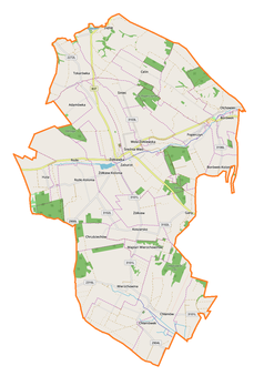 Mapa konturowa gminy Żółkiewka, blisko centrum na dole znajduje się punkt z opisem „Koszarsko”