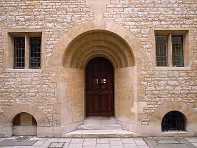 The doorway of Campion Hall, one of the Permanent Private Halls of the University, run by the Society of Jesus. The buildings were designed in the 1930s by the architect Edwin Lutyens.