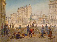 Construction d'une barricade place Blanche le 19 mars 1871, Aquarelle von Jean-Baptiste Arnaud-Durbec, Musée Carnavalet