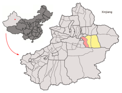 Location of Toksun County (red) within Turpan City (yellow) and Xinjiang