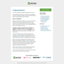 A screenshot of the home page of a new install of MODX Revolution 3 showing a header with the MODX Logo and some introductory text explaining how to get started with the software and how to find resources.