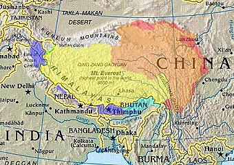 Kültürel/tarihsel Tibet (Üzerinde hak iddia edilen değişik bölgeler farklı renklerde gösterilmiştir.