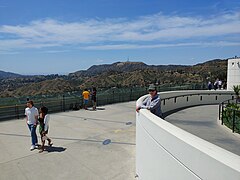 View from the balcony at Griffith Observatory on the Hollywood sign and Mount Lee at 2 PM 05/09/2022