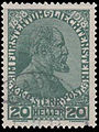 Stamp in the same drawing and color to the 60 years government jubilee of Johann II in 1918 (Michel No. 10 from 1918 with year dates in the upper corners))