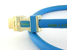 A blue HDMI 1.4 cable with a gold plated HDMI plug connector.