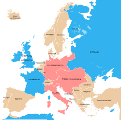 Európa 1882–1914: Hármas szövetség (rózsaszín) és antant (kék)