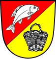 Gemeinde Sand a.Main Schräg links geteilt von Rot und Gold; oben ein schräg links gestellter silberner Fisch, unten ein schwarzer Henkelkorb