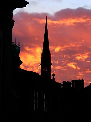 The spire of the chapel of Exeter College, pictured from Broad Street late on an October afternoon.