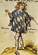 Herolden Joerg Rugenn fra Bayern ca. 1510 i hvite hoser og tappert med rutemønster fra fyrstens våpenskjold.