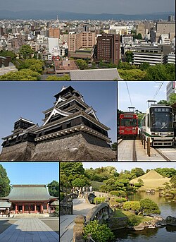 Yukarıdan sola: Kumamoto Kalesi'nden şehir görünümü, Kumamoto Kalesi, Kumamoto şehir tramvayı, Fujisaki hachimangu shrine, Suizenji jojuen