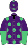 PURPLE, emerald green spots, halved sleeves, purple cap, emerald green stars