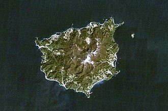 A satellite image (facing north) of Ulleungdo. The small island to the northeast of Ulleungdo is Jukdo.