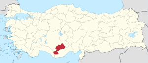 Karaman highlighted in red on a beige political map of Turkeym