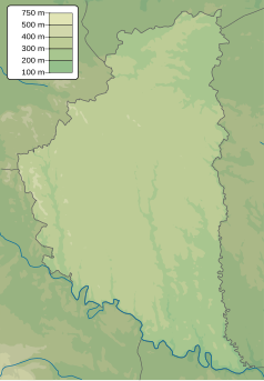 Mapa konturowa obwodu tarnopolskiego, u góry nieco na prawo znajduje się punkt z opisem „źródło”, natomiast w centrum znajduje się punkt z opisem „ujście”