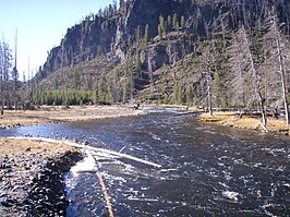 De Firehole op de plek waar ze de graslandgebieden van Yellowstone binnenstroomt