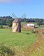 Die Windmühle ist ein zylindrisches Bauwerk aus Feldsteinen. Ihr Dach ist kegelförmig. Ein weißes Bauernhaus steht im Hintergrund.