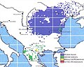 Distribuția etnică a românilor în Europa de est și sud-est la 1934 (pe această hartă etnică sunt marcați aromânii, megleno-românii și istro-românii de asemenea)